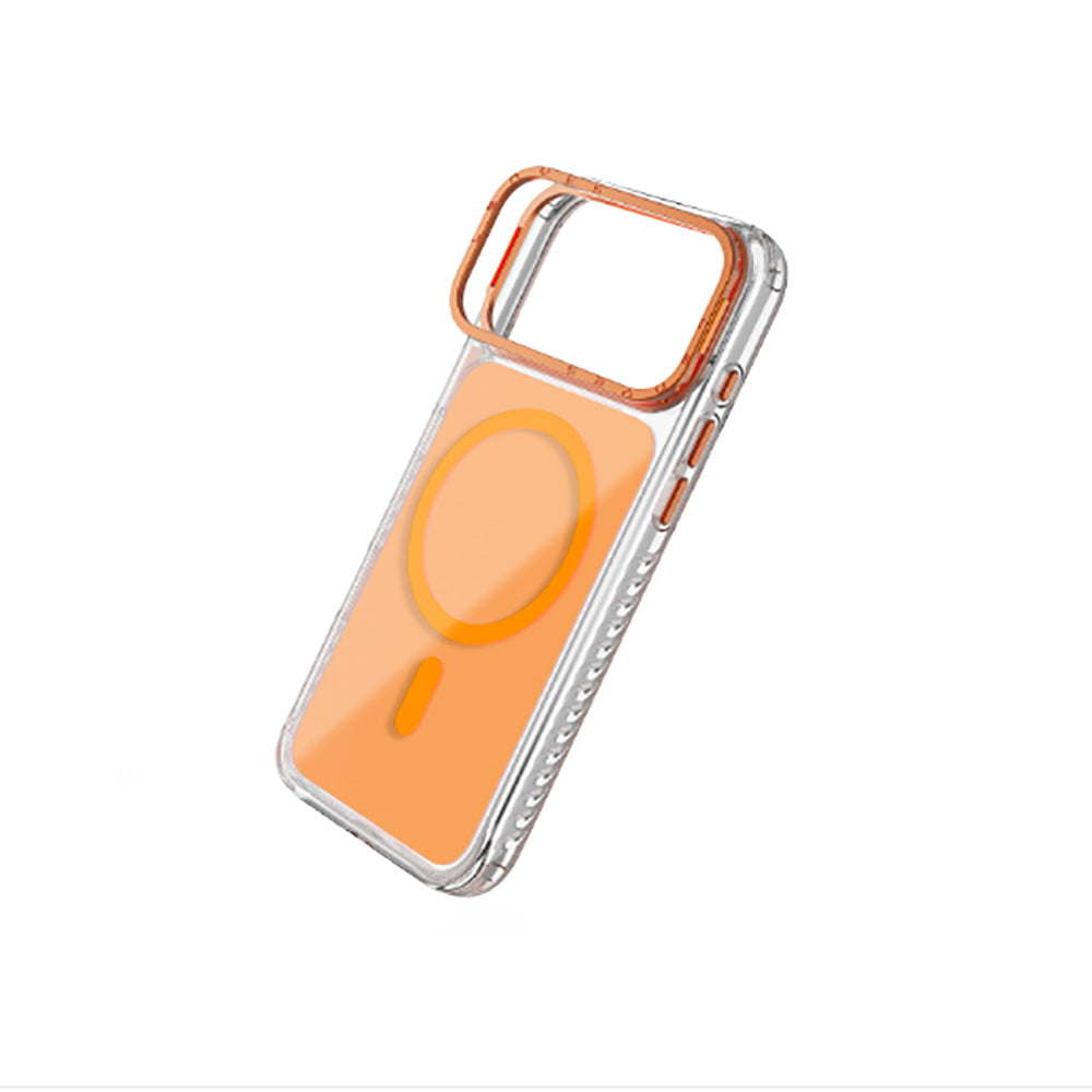 Apple iPhone 17 Pro Max Kılıf M-safe Şarj Özellikli Metal Kamera Çerçeveli Airbag Tasarımlı Lenyes CK221 Sert PC Kapak Turuncu