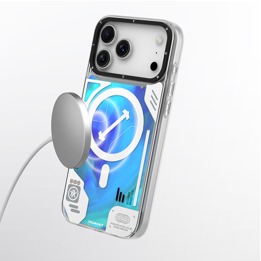 Apple iPhone 17 Pro Max Kılıf M-safe Şarj Özellikli Parlak Kumlu Sıvılı Tasarımlı Galaxy Fantasy Serisi Kapak Mavi