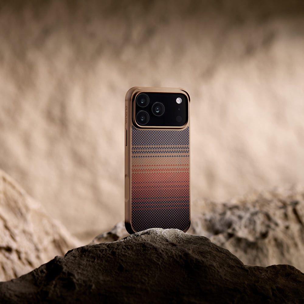 Apple iPhone 17 Pro Max Kılıf M-safe Şarj Özellikli Pitaka Tactile Woven Sunset-Moonrise Aramid Pro Guard Serisi Kapak Mavi