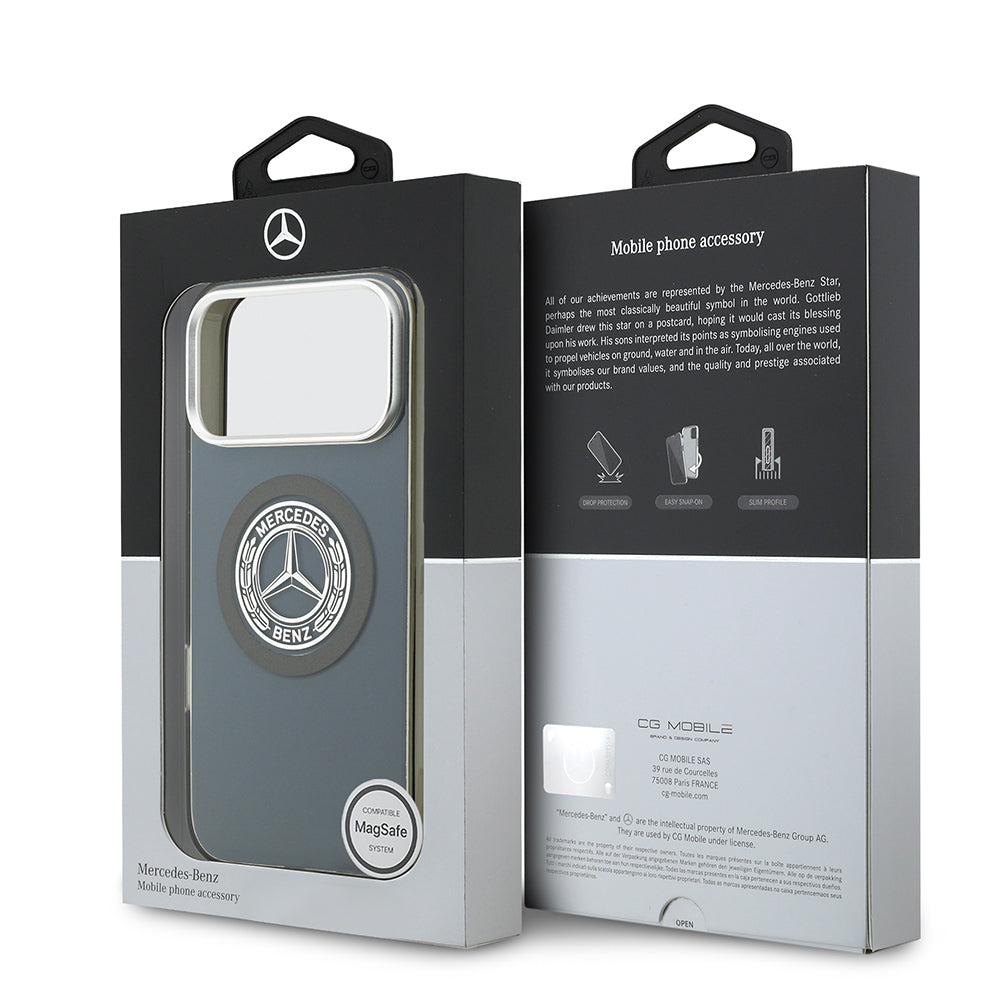 Apple iPhone 17 Pro Max Kılıf Mercedes Benz Orjinal Lisanslı M-safe Şarj Özellikli Çift Katmanlı PC Nostaljik Yıldız Dizayn Kapak Gri
