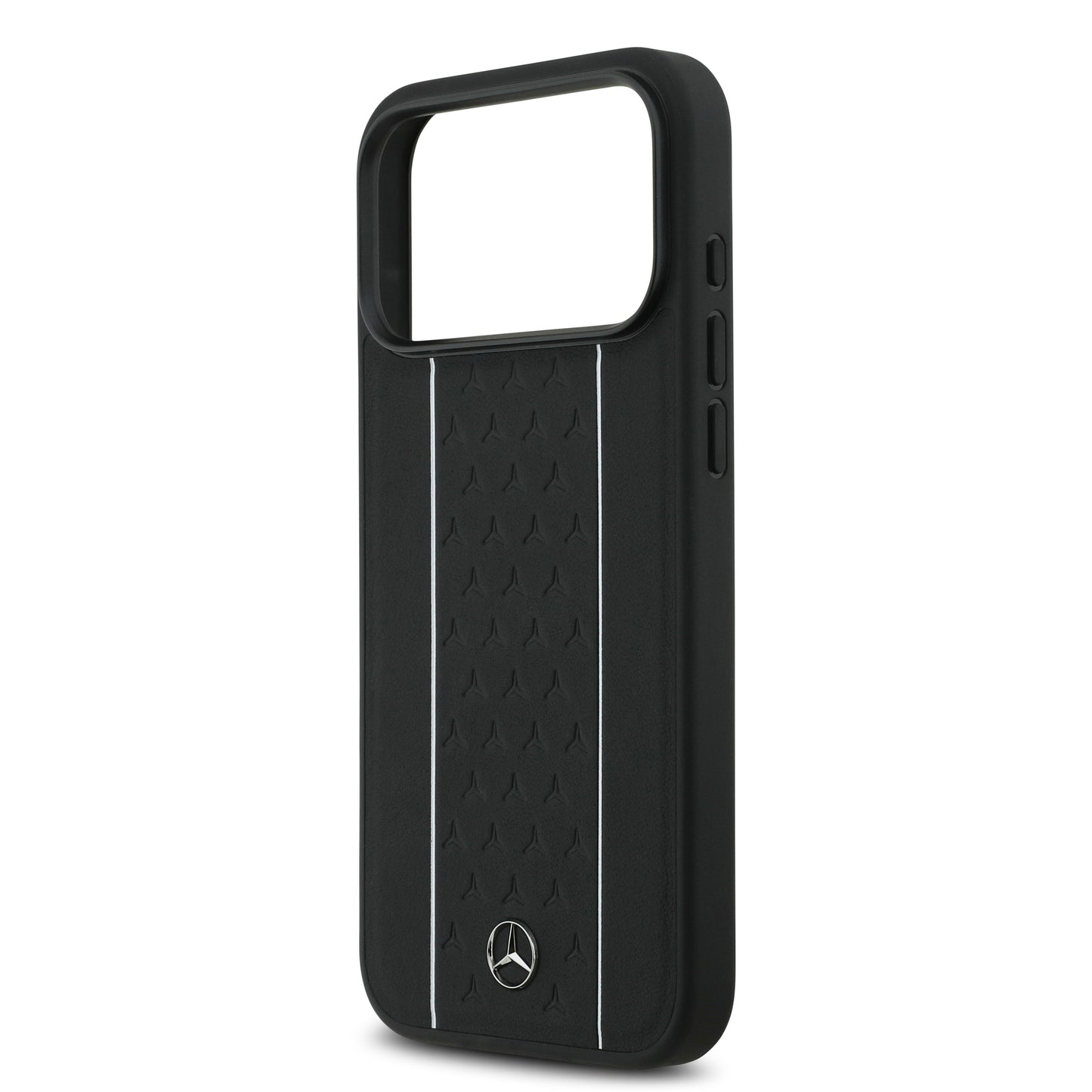 Apple iPhone 17 Pro Max Kılıf Mercedes Benz Orjinal Lisanslı M-safe Şarj Özellikli Şeritli Yıldız Desenli Metal Logolu Deri Kapak Siyah
