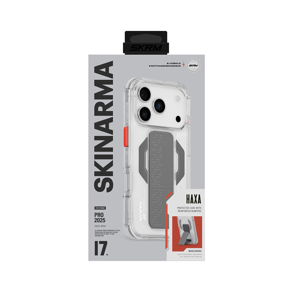 Apple iPhone 17 Pro Max Kılıf Skinarma M-Safe Şarj Özellikli Airbag Tasarımlı Standlı Haxa Kapak Füme