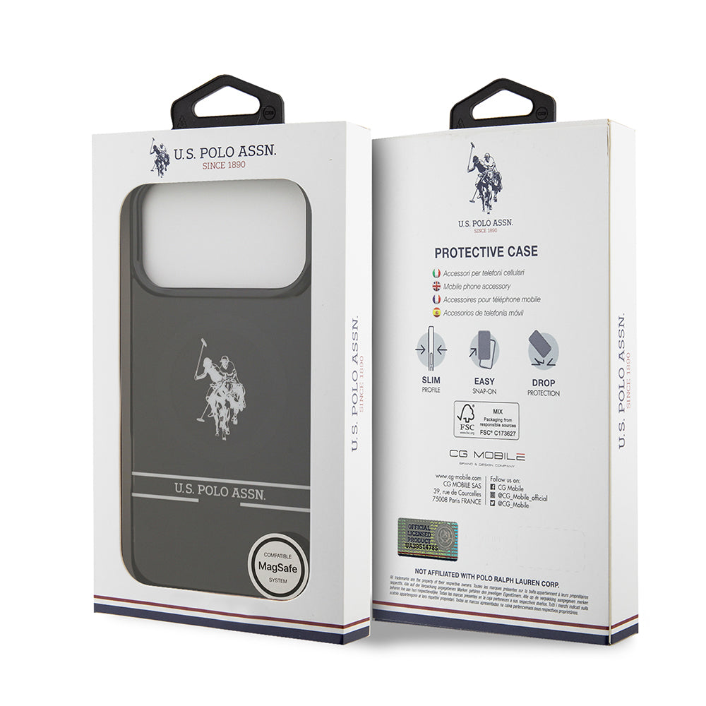 Apple iPhone 17 Pro Max Kılıf U.S. Polo Assn. Orjinal Lisanslı M-safe Şarj Özellikli IML Double Horse Stripe Logolu Kapak Siyah