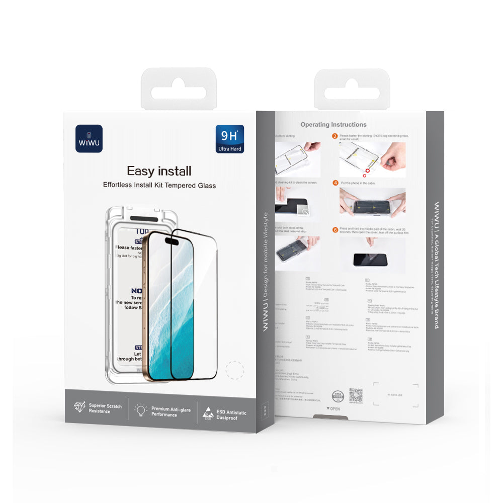 Apple iPhone 17 Pro Wiwu SQ-008 Oleofobik Easy Install Darbeye Karşı Dayanıklı Temperli Cam Ekran Koruyucu + Kolay Uygulama Aparatlı Şeffaf