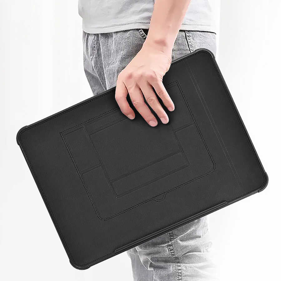 Apple Macbook Pro 14.2 2023 A2779 Wiwu Defender Stand Case Taşınabilir Standlı Magnetik PU Laptop Çantası Siyah