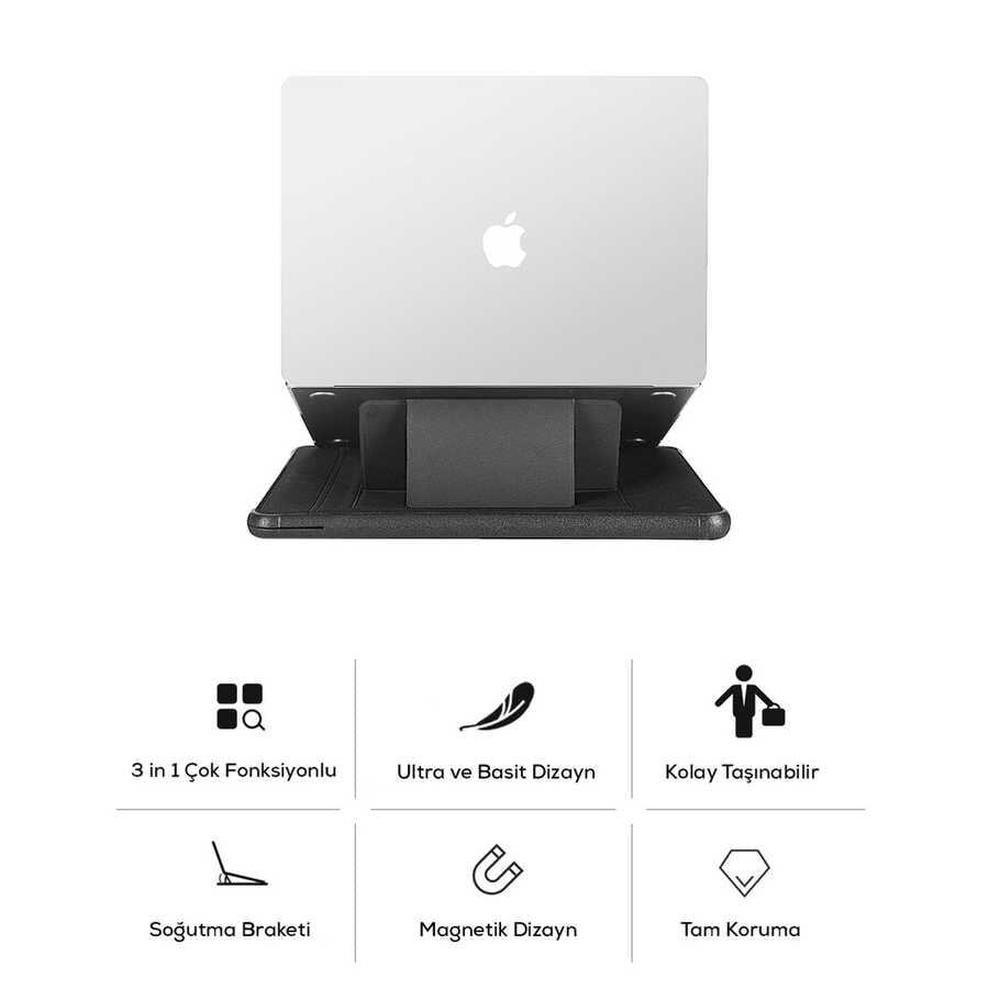 Apple Macbook Pro 14.2 2023 A2779 Wiwu Defender Stand Case Taşınabilir Standlı Magnetik PU Laptop Çantası Siyah