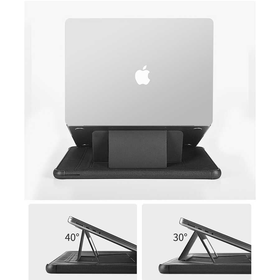 Apple Macbook Pro 14.2 2023 A2779 Wiwu Defender Stand Case Taşınabilir Standlı Magnetik PU Laptop Çantası Siyah