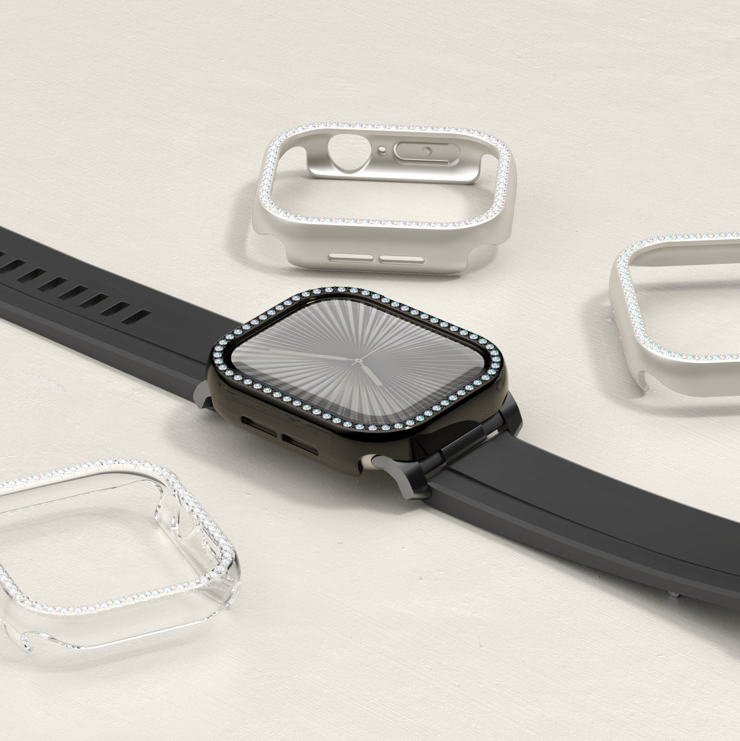 Apple Watch 10 46mm Amazingthing Gleam Fit FullGuard Taşlı Sert PC Kasa ve Ekran Koruyucu Siyah