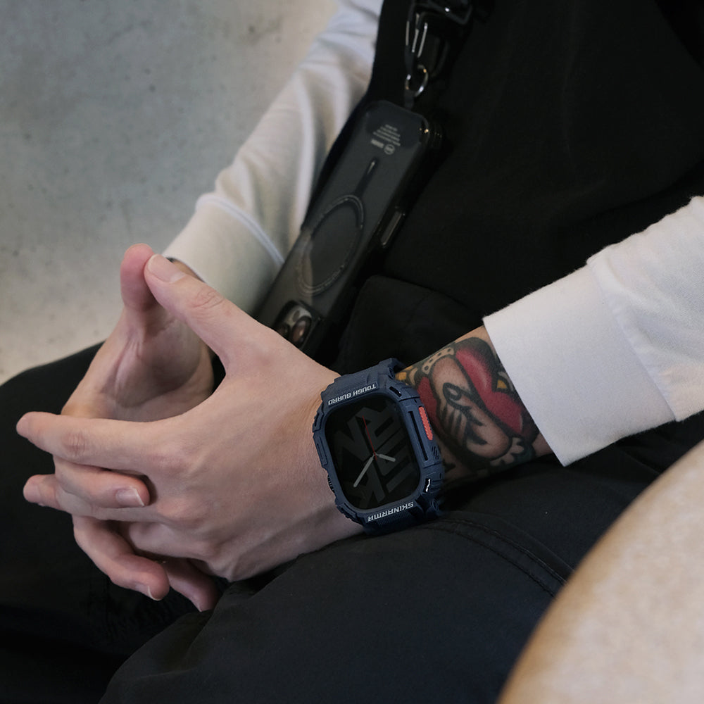 Apple Watch 44 mm Skinarma Mecha 2in1 TPU Kasa Koruyucu + Silikon Kordon Lacivert