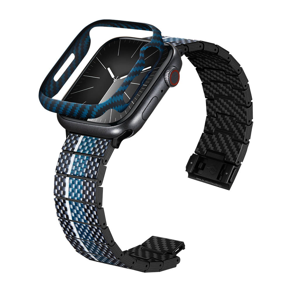 Apple Watch 7 45mm 600D Aramid Fiber Classic Serisi Black-Blue Twill Kasa Koruyucu Pitaka Air Case Siyah-Mavi