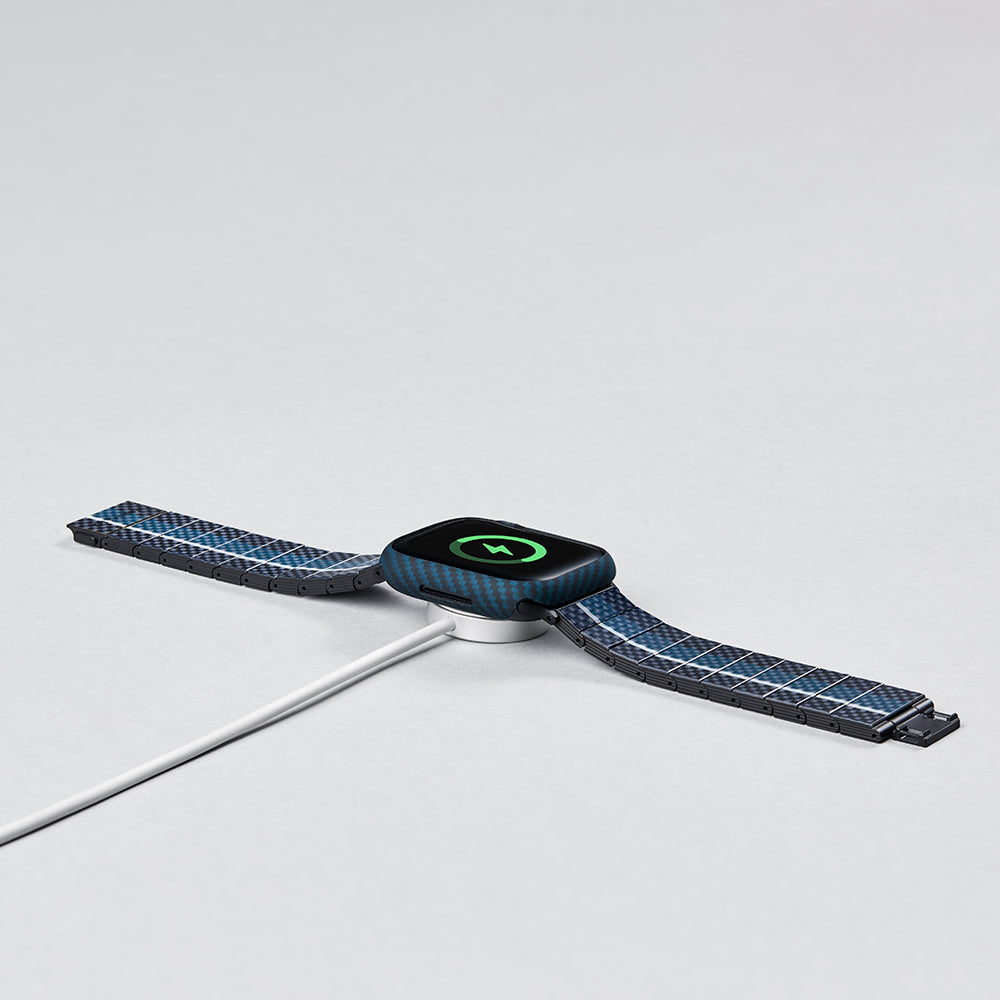 Apple Watch 7 45mm 600D Aramid Fiber Classic Serisi Black-Blue Twill Kasa Koruyucu Pitaka Air Case Siyah-Mavi