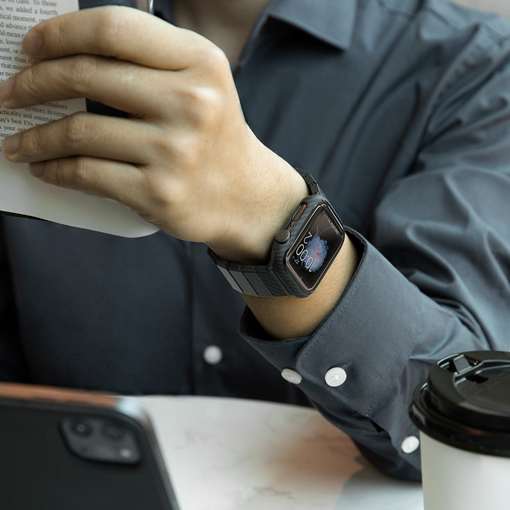 Apple Watch 7 45mm 600D Aramid Fiber Classic Serisi Black-Blue Twill Kasa Koruyucu Pitaka Air Case Siyah-Mavi