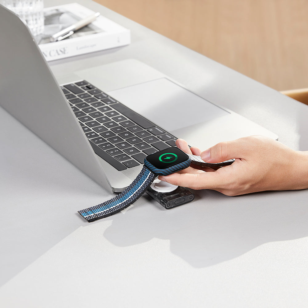 Apple Watch 7 45mm 600D Aramid Fiber Classic Serisi Black-Blue Twill Kasa Koruyucu Pitaka Air Case Siyah-Mavi