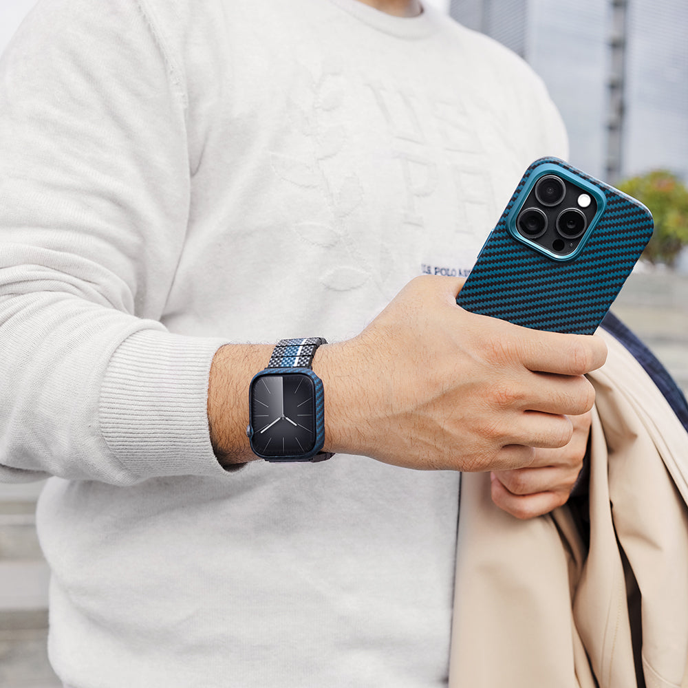 Apple Watch 7 45mm 600D Aramid Fiber Classic Serisi Black-Blue Twill Kasa Koruyucu Pitaka Air Case Siyah-Mavi