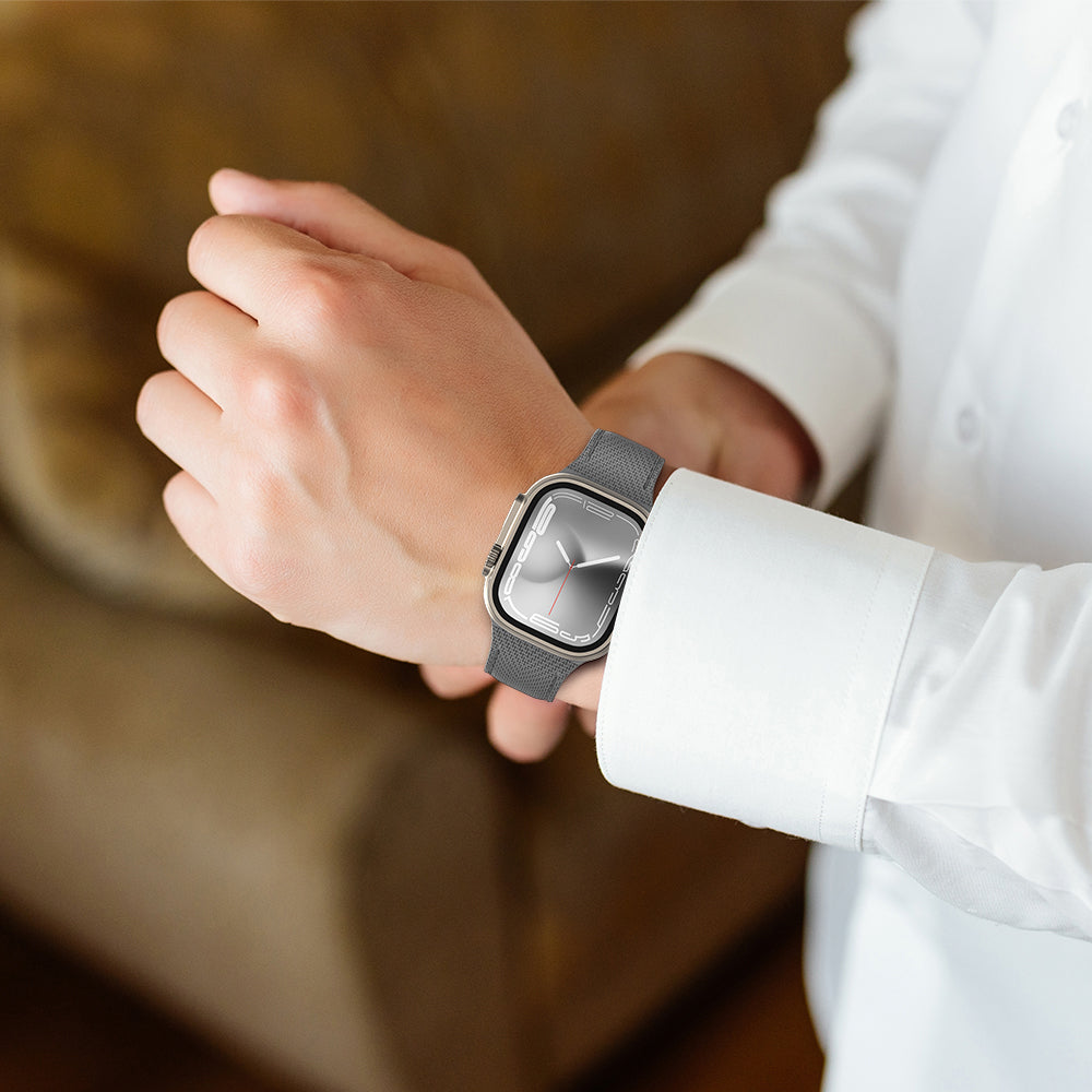 Apple Watch 7 45mm Amazingthing Titan Swift Deri Dokulu Silikon Kordon Gri