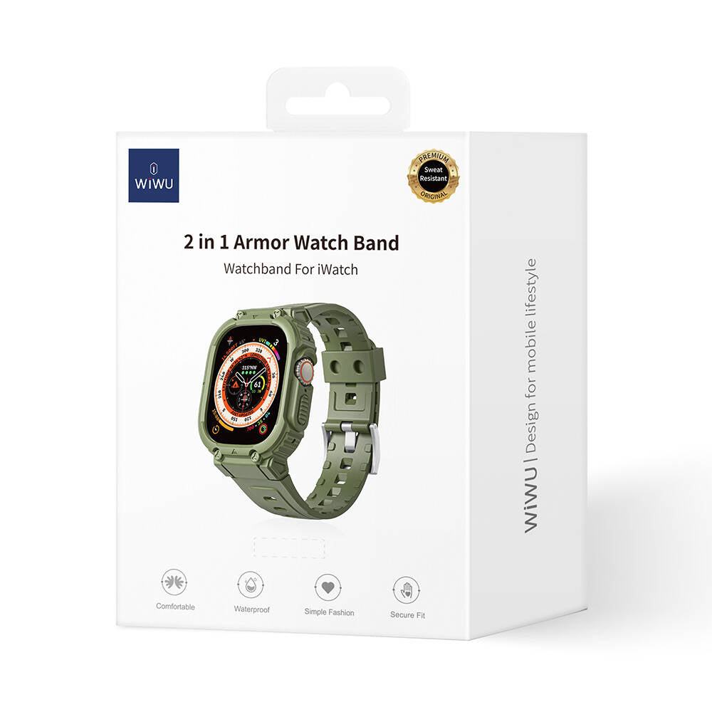 Apple Watch 7 45mm Wiwu Wi-WB014 Armor Serisi 2in1 Sert PC Kasa Koruyuculu Silikon Kordon Yeşil