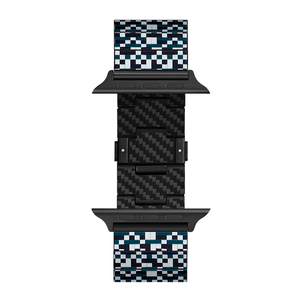 Apple Watch Serisi Uyumlu Aramid Fiber ve Karbon Fiber Pitaka Dreamland ChromaCarbon Serisi Mosaic Universal Kordon Mavi-Beyaz