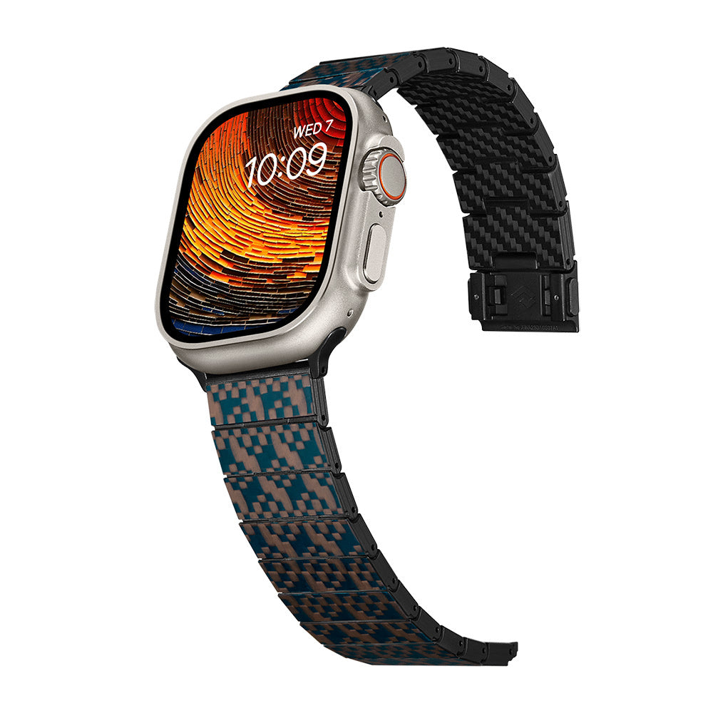 Apple Watch Serisi Uyumlu Aramid Fiber ve Karbon Fiber Pitaka Dreamland ChromaCarbon Serisi Stairs Universal Kordon Mavi-Kahverengi