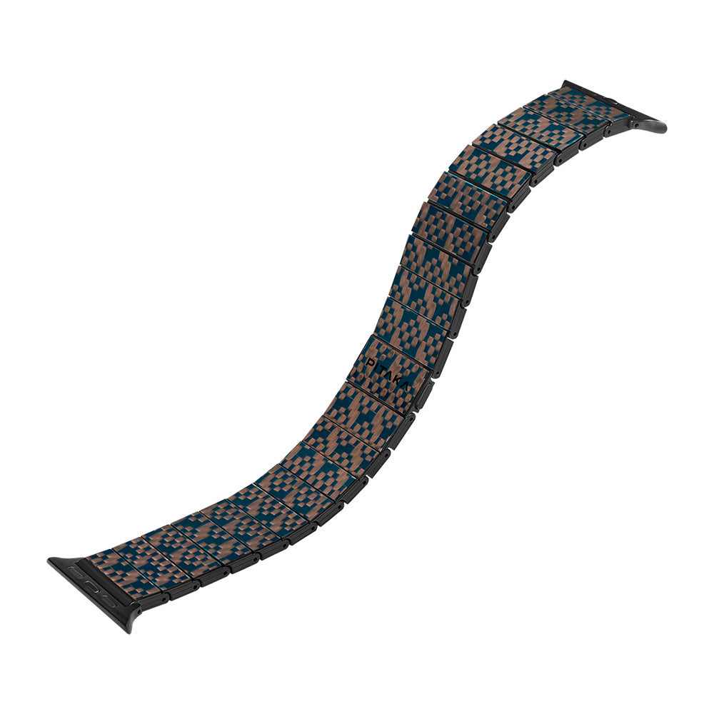 Apple Watch Serisi Uyumlu Aramid Fiber ve Karbon Fiber Pitaka Dreamland ChromaCarbon Serisi Stairs Universal Kordon Mavi-Kahverengi