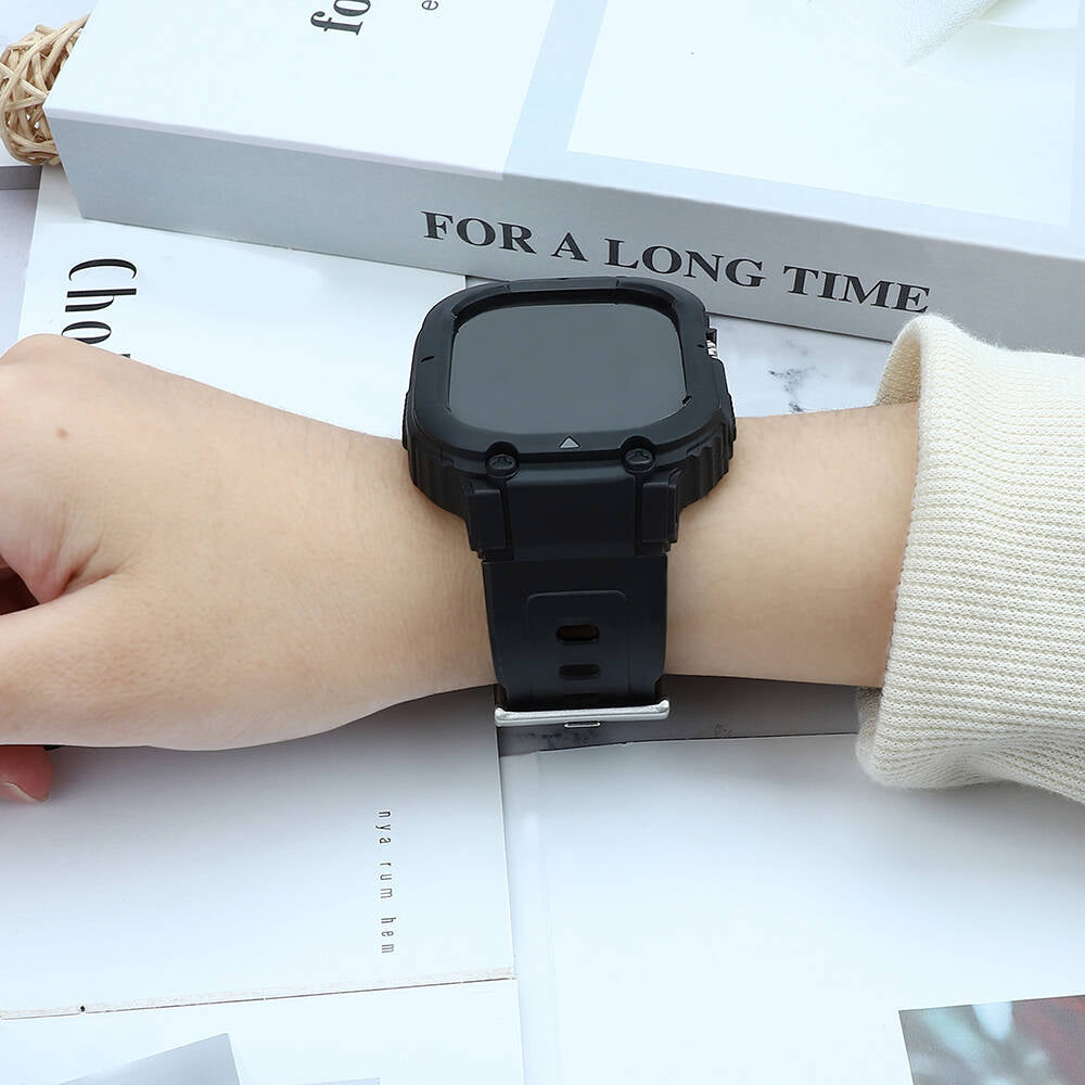 Apple Watch Ultra 49mm Wiwu Wi-WB014 Armor Serisi 2in1 Sert PC Kasa Koruyuculu Silikon Kordon Siyah