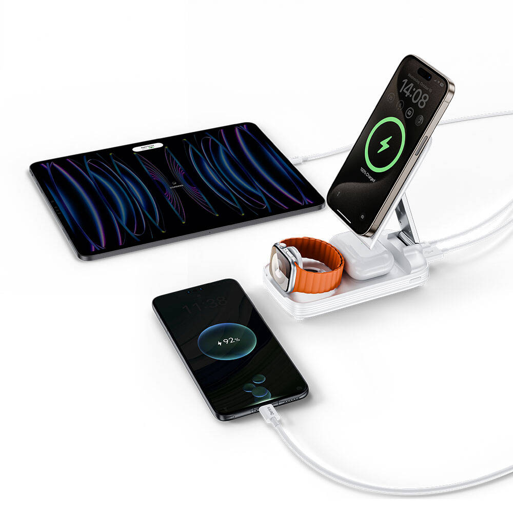 Benks MP13 5in1 Dijital LED Göstergeli Katlanabilir Kablosuz Şarj Standlı Powerbank 15W 10000mAh Beyaz