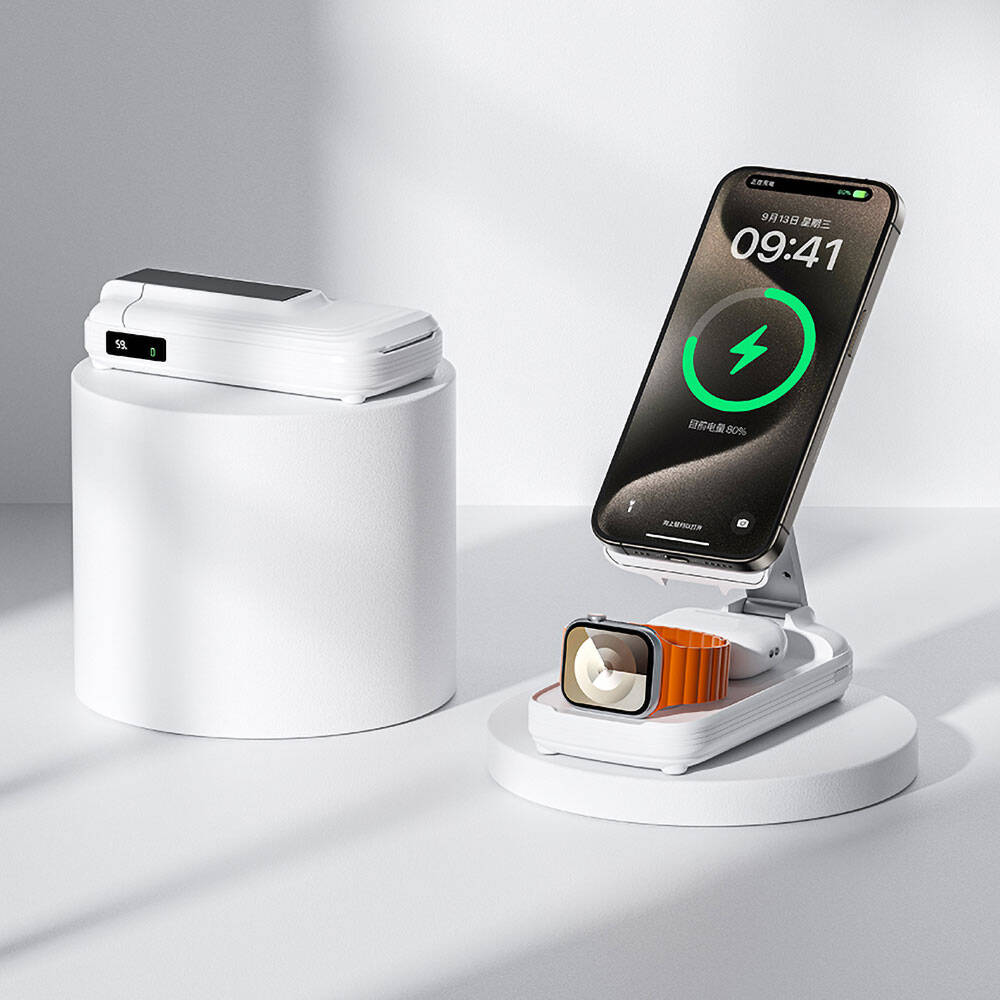 Benks MP13 5in1 Dijital LED Göstergeli Katlanabilir Kablosuz Şarj Standlı Powerbank 15W 10000mAh Beyaz