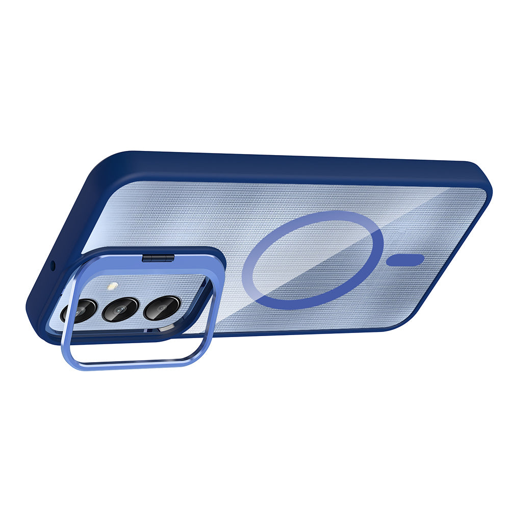 Galaxy A16 Kılıf Standlı ve Kamera Lens Hediyeli M-Safe Şarj Özellikli Zore Etro Kapak Lacivert