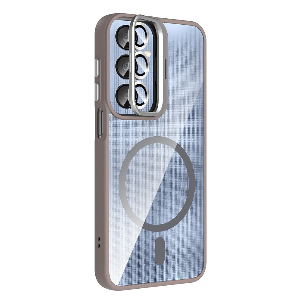 Galaxy A25 Kılıf Standlı ve Kamera Lens Hediyeli M-Safe Şarj Özellikli Zore Etro Kapak Desert Titanyum