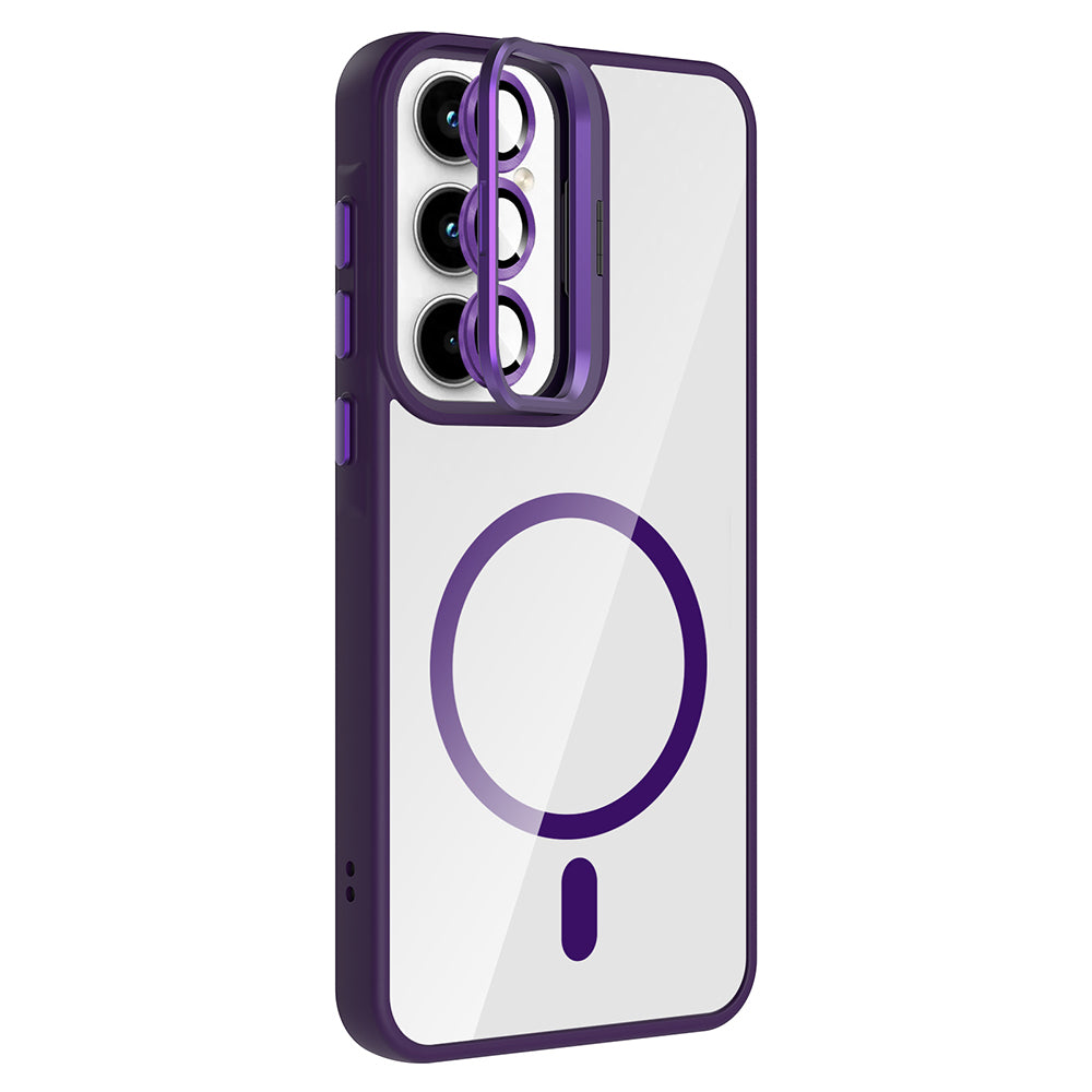 Galaxy A35 Kılıf Standlı ve Kamera Lens Hediyeli M-Safe Şarj Özellikli Zore Etro Kapak Desert Titanyum