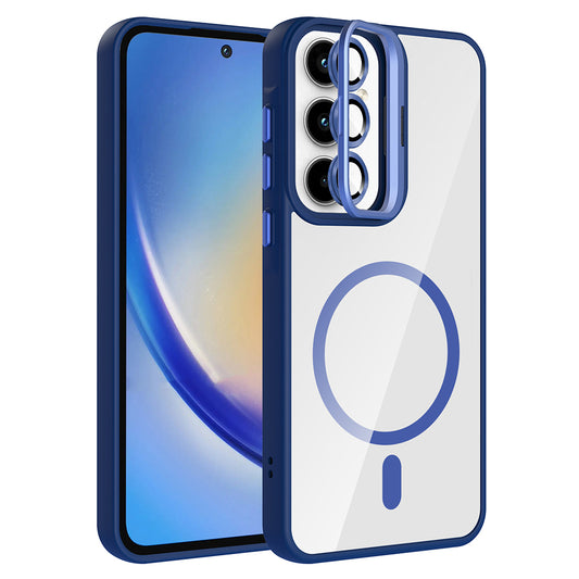 Galaxy A35 Kılıf Standlı ve Kamera Lens Hediyeli M-Safe Şarj Özellikli Zore Etro Kapak Lacivert