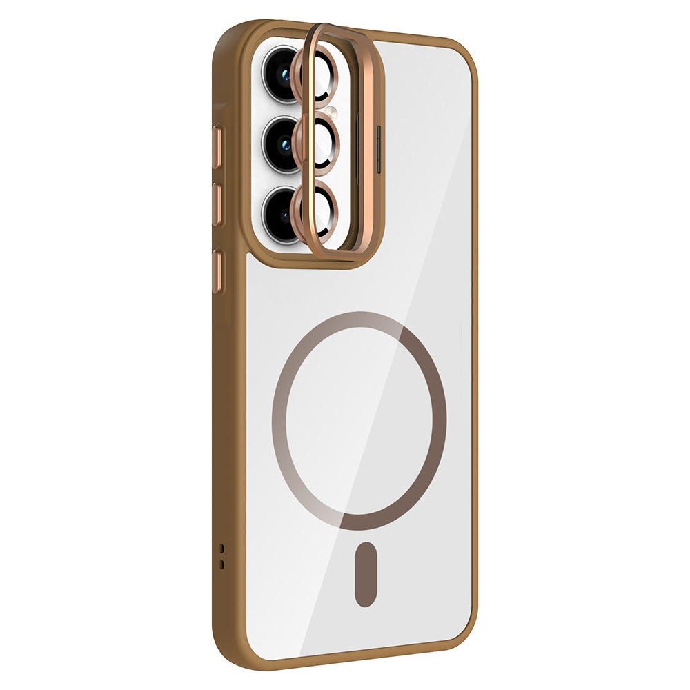 Galaxy A55 Kılıf Standlı ve Kamera Lens Hediyeli M-Safe Şarj Özellikli Zore Etro Kapak Derin Mor