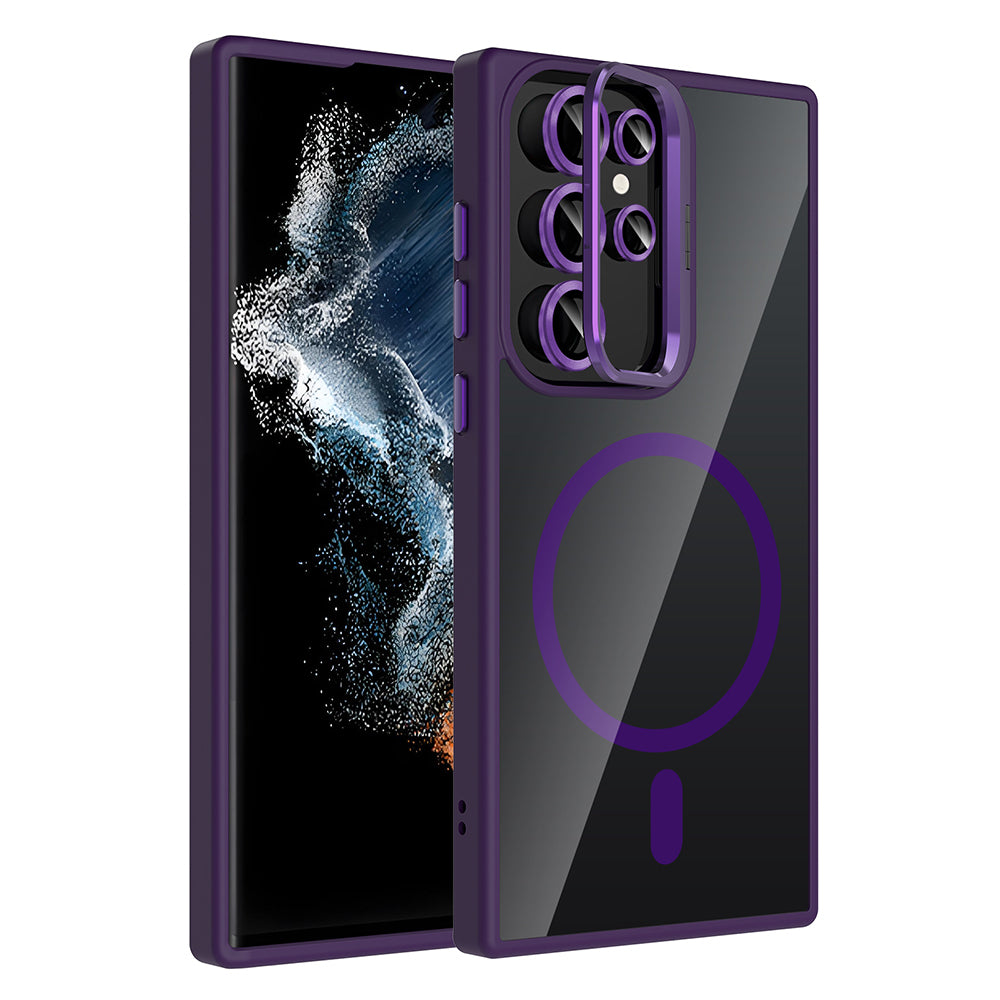 Galaxy S22 Ultra Kılıf Standlı ve Kamera Lens Hediyeli M-Safe Şarj Özellikli Zore Etro Kapak Gri