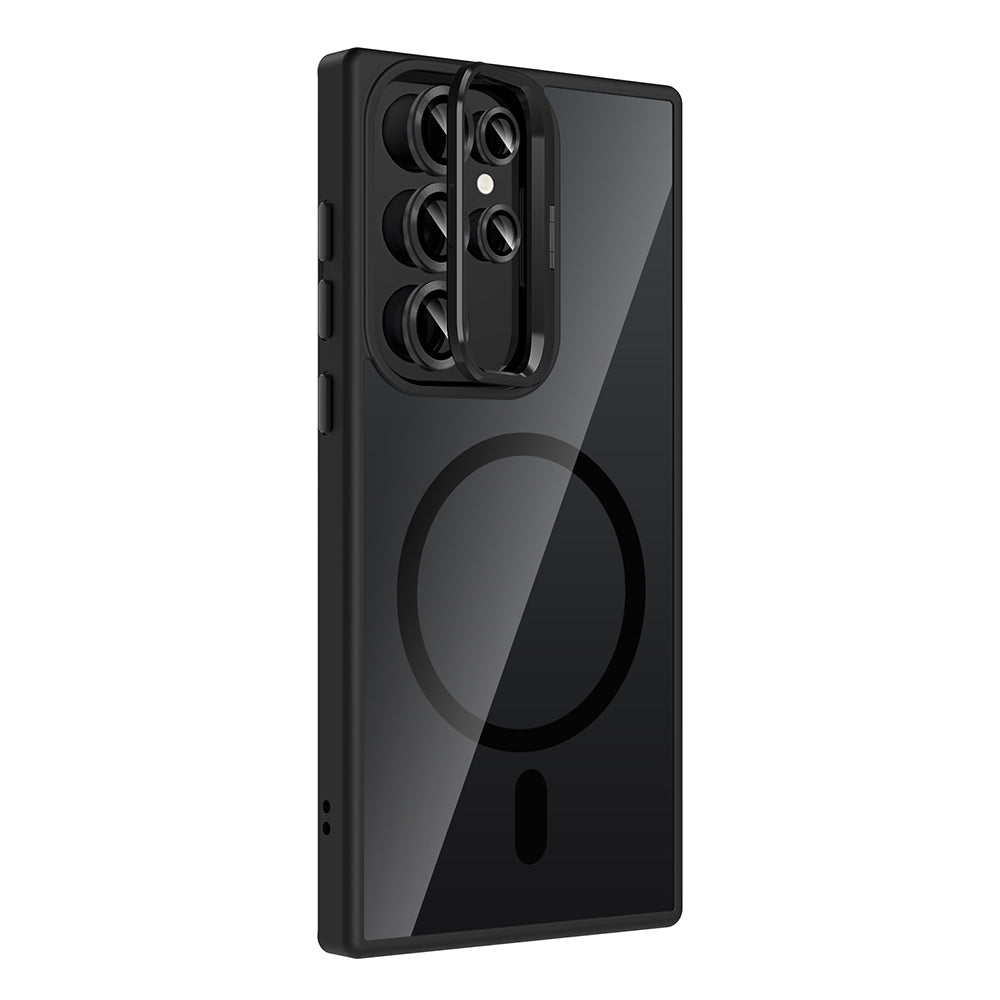 Galaxy S22 Ultra Kılıf Standlı ve Kamera Lens Hediyeli M-Safe Şarj Özellikli Zore Etro Kapak Pembe