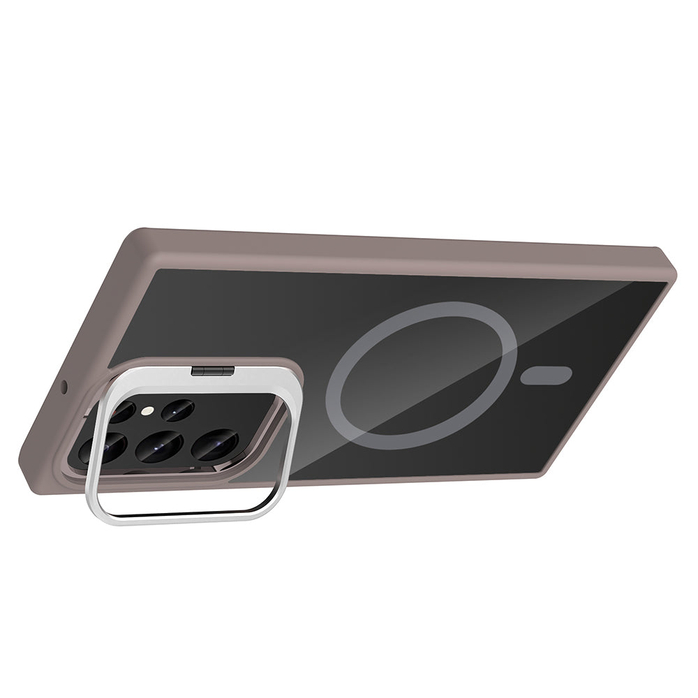 Galaxy S22 Ultra Kılıf Standlı ve Kamera Lens Hediyeli M-Safe Şarj Özellikli Zore Etro Kapak Pembe