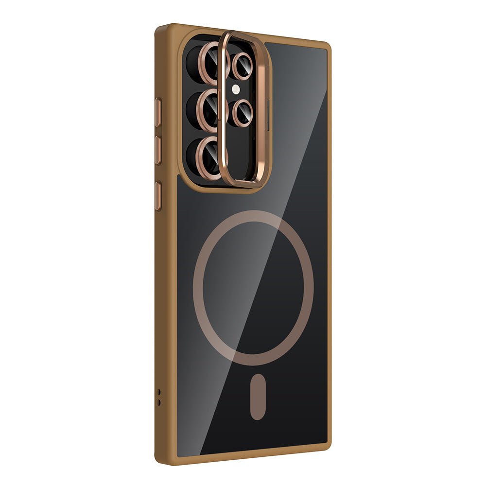 Galaxy S22 Ultra Kılıf Standlı ve Kamera Lens Hediyeli M-Safe Şarj Özellikli Zore Etro Kapak Pembe