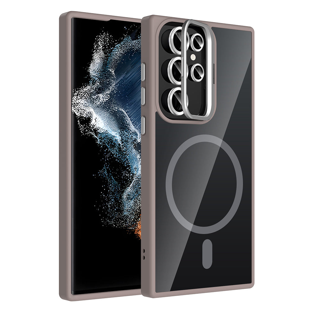 Galaxy S22 Ultra Kılıf Standlı ve Kamera Lens Hediyeli M-Safe Şarj Özellikli Zore Etro Kapak Gri