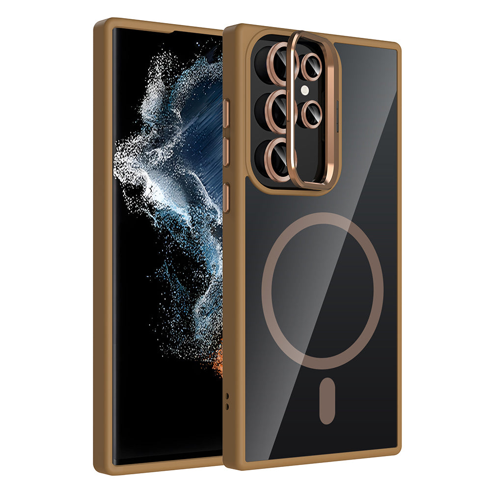 Galaxy S22 Ultra Kılıf Standlı ve Kamera Lens Hediyeli M-Safe Şarj Özellikli Zore Etro Kapak Desert Titanyum