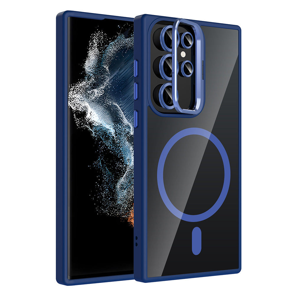 Galaxy S22 Ultra Kılıf Standlı ve Kamera Lens Hediyeli M-Safe Şarj Özellikli Zore Etro Kapak Lacivert