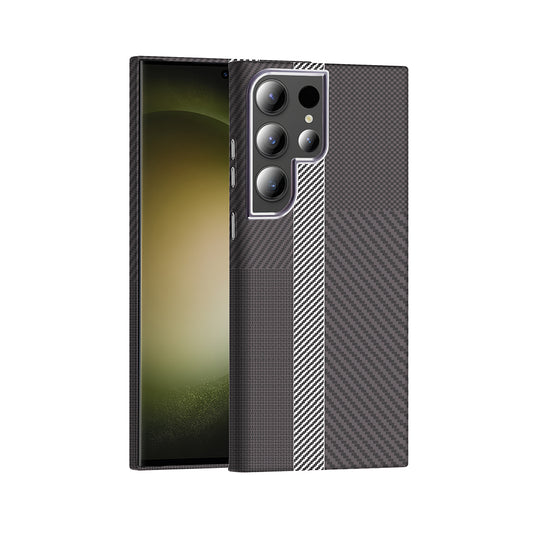 Galaxy S23 Ultra Kılıf M-safe Şarj Özellikli Karbon Fiber Görünümlü Zore Gros Kapak Gri-Siyah
