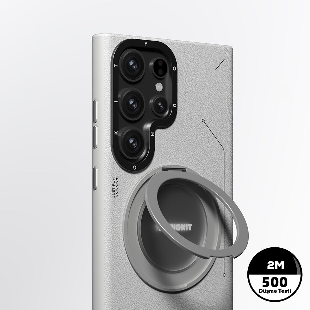 Galaxy S23 Ultra Kılıf M-safe Şarj Özellikli 360° Standlı Basit Mat Deri Desenli Youngkit Tech Leather Serisi Kapak Kahverengi