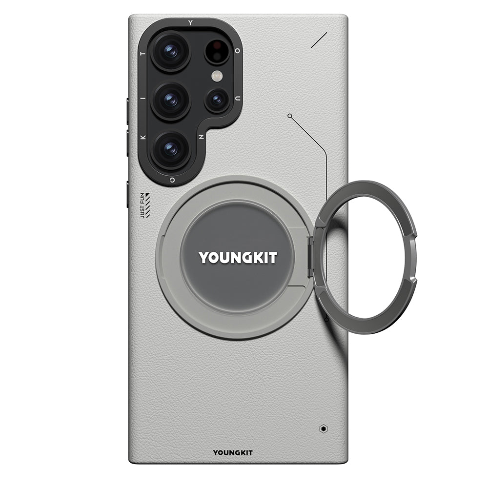 Galaxy S23 Ultra Kılıf M-safe Şarj Özellikli 360° Standlı Basit Mat Deri Desenli Youngkit Tech Leather Serisi Kapak Gri