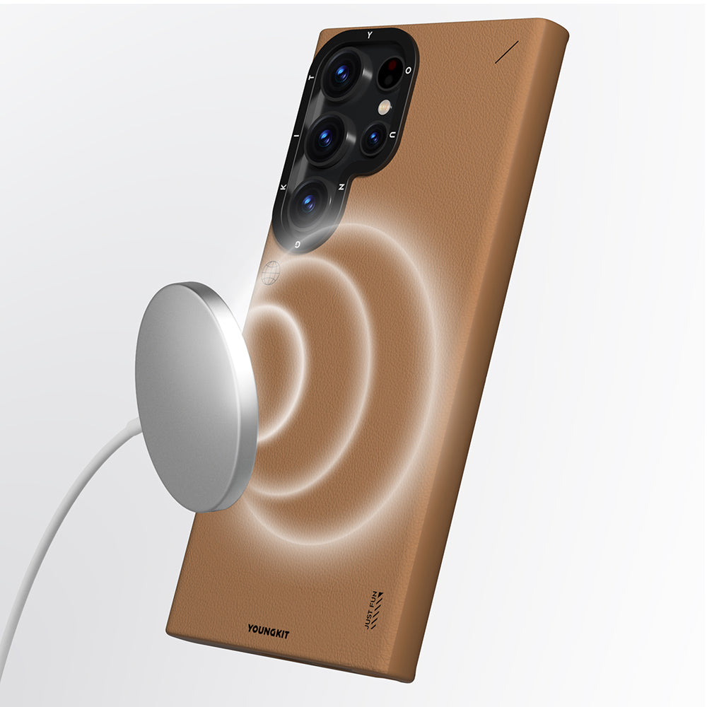 Galaxy S23 Ultra Kılıf M-safe Şarj Özellikli Basit Mat Deri Desenli Youngkit Tech Fashion Serisi Kapak Gümüş