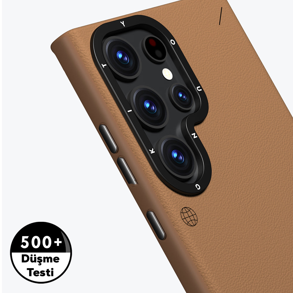 Galaxy S23 Ultra Kılıf M-safe Şarj Özellikli Basit Mat Deri Desenli Youngkit Tech Fashion Serisi Kapak Kahverengi