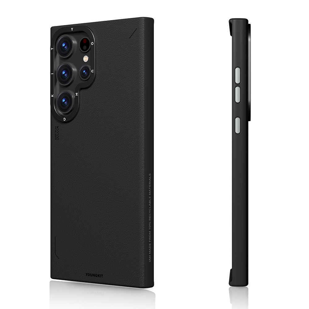 Galaxy S23 Ultra Kılıf M-safe Şarj Özellikli Basit Mat Deri Desenli Youngkit Tech Fashion Serisi Kapak Siyah