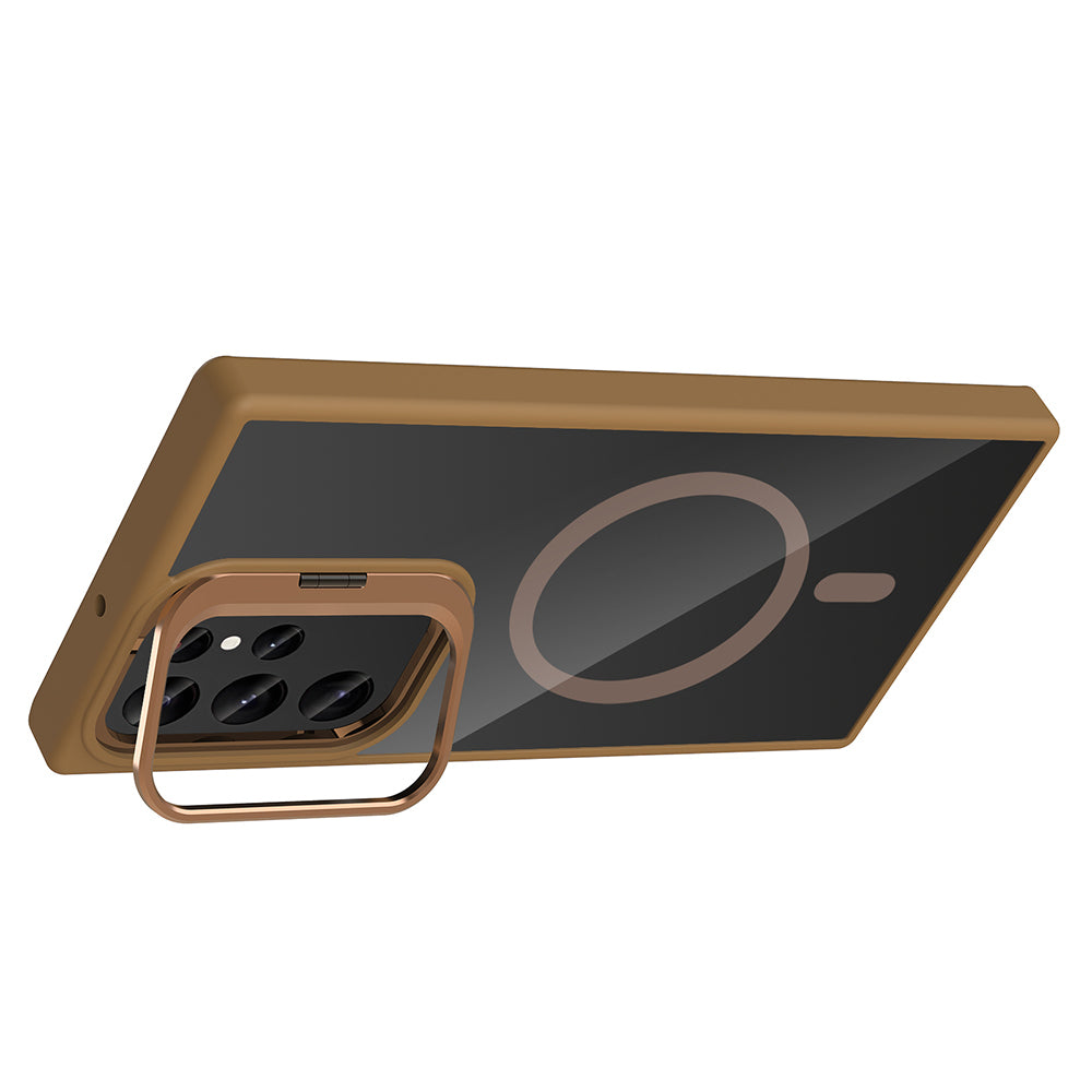 Galaxy S23 Ultra Kılıf Standlı ve Kamera Lens Hediyeli M-Safe Şarj Özellikli Zore Etro Kapak Gri