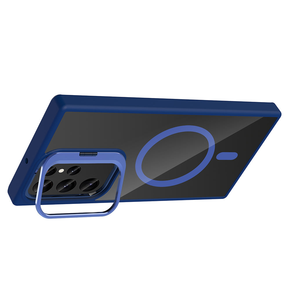 Galaxy S23 Ultra Kılıf Standlı ve Kamera Lens Hediyeli M-Safe Şarj Özellikli Zore Etro Kapak Pembe