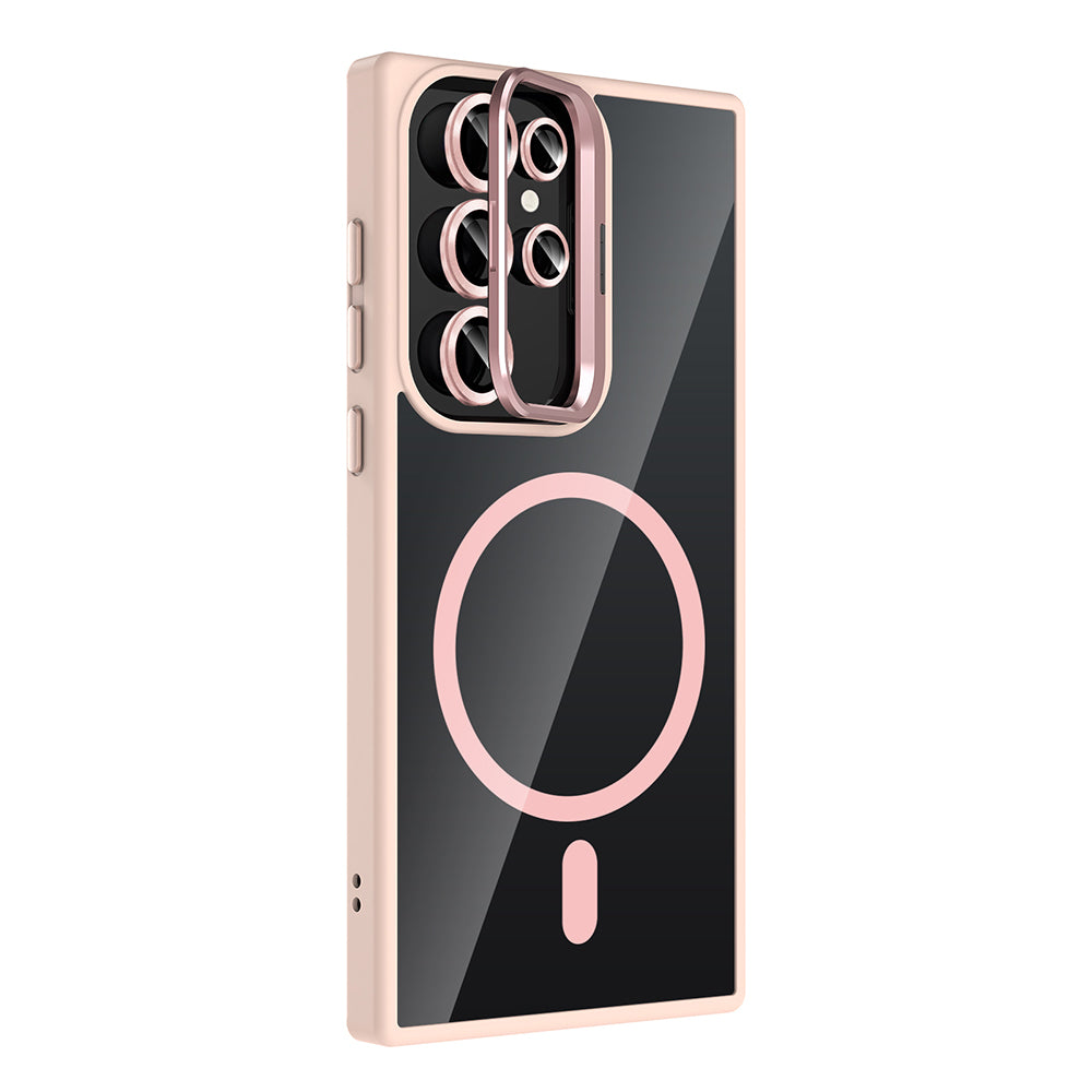 Galaxy S23 Ultra Kılıf Standlı ve Kamera Lens Hediyeli M-Safe Şarj Özellikli Zore Etro Kapak Siyah