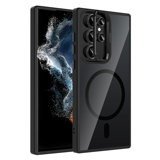 Galaxy S23 Ultra Kılıf Standlı ve Kamera Lens Hediyeli M-Safe Şarj Özellikli Zore Etro Kapak Siyah