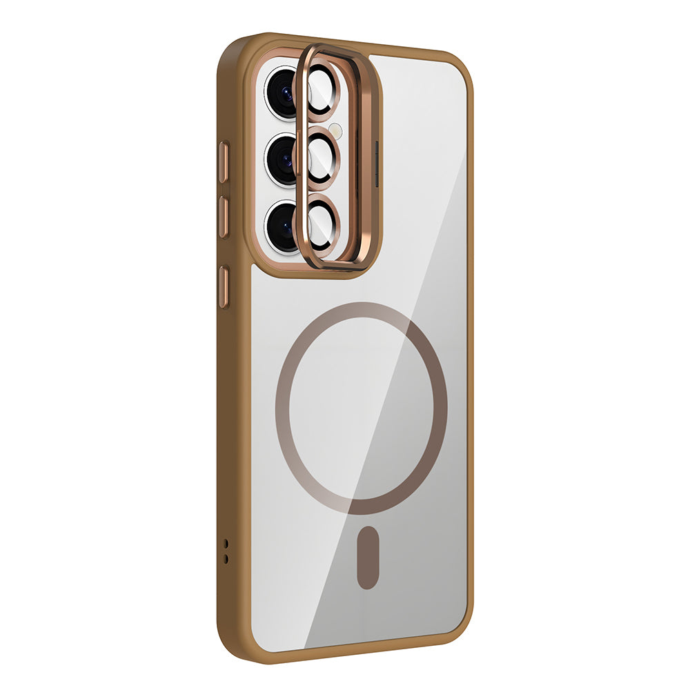 Galaxy S24 FE Kılıf Standlı ve Kamera Lens Hediyeli M-Safe Şarj Özellikli Zore Etro Kapak Desert Titanyum