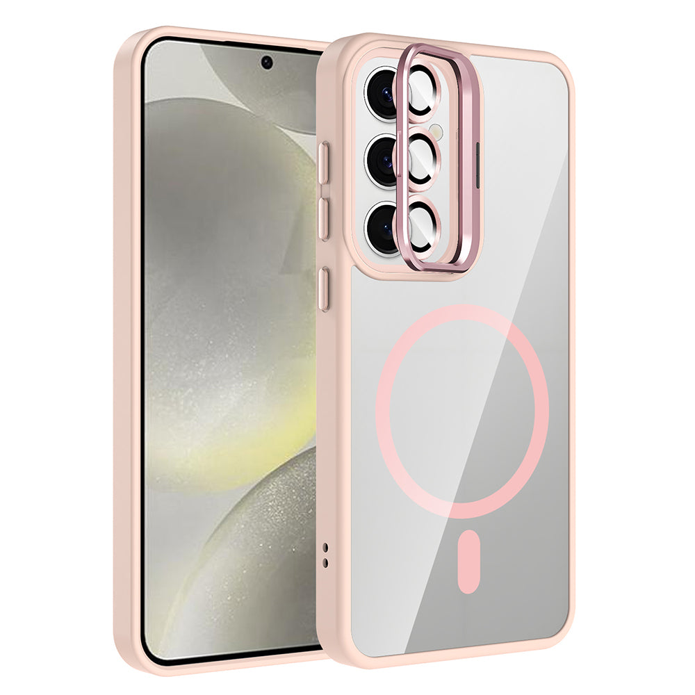 Galaxy S24 FE Kılıf Standlı ve Kamera Lens Hediyeli M-Safe Şarj Özellikli Zore Etro Kapak Pembe